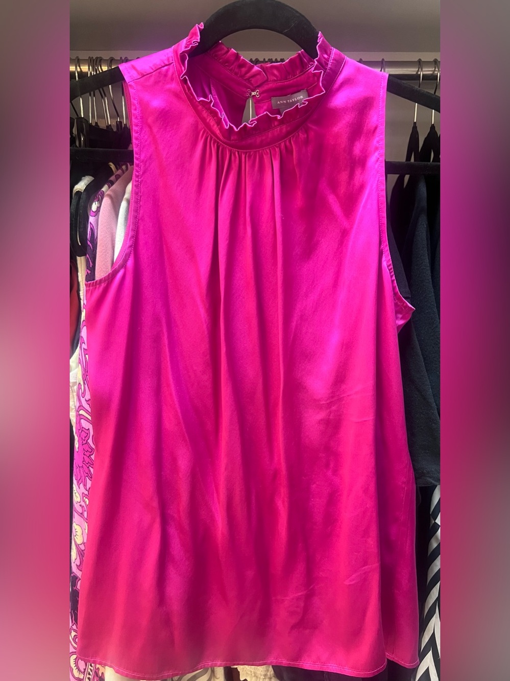 Ann Taylor Hot Pink Sleeveless Ruffle-Neck Silk Blouse